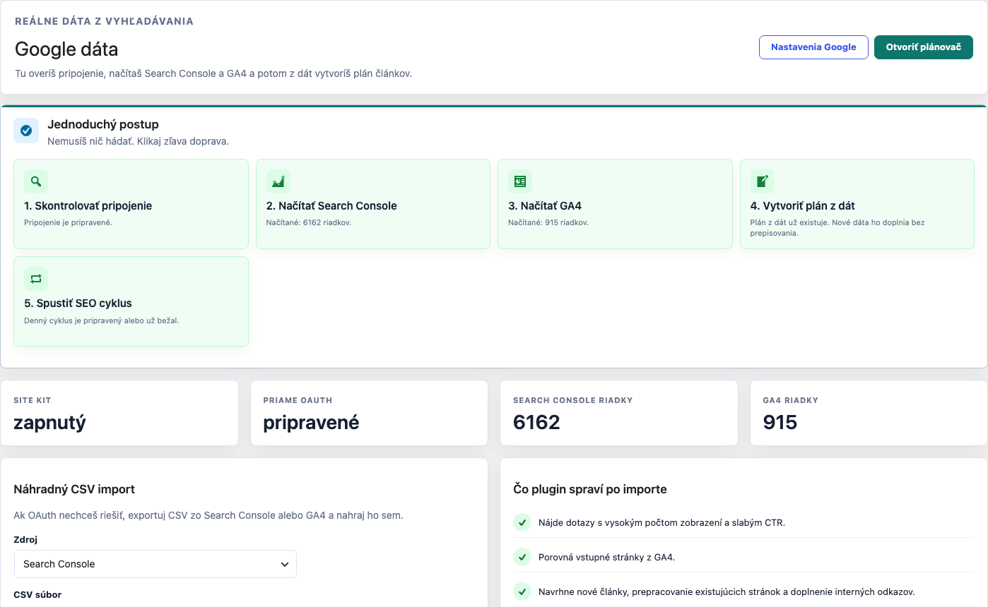 Custom SEO AI panel s Google dátami a obsahovými príležitosťami