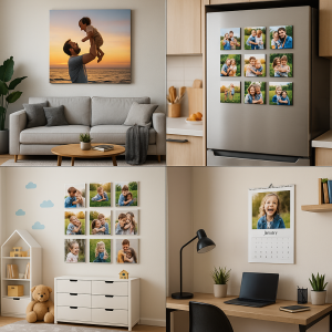 Koláž štyroch interiérov: rodinná obývačka s veľkým obrazom z fotky na plátno, kuchynská chladnička s foto-magnetkami, detská izba so štvorcovými Fine-Art printmi a domáca kancelária s personalizovaným fotokalendárom