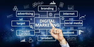 Digitálna ilustrácia marketéra, ktorý publikuje SEO články pre zvýšenie online dosahu