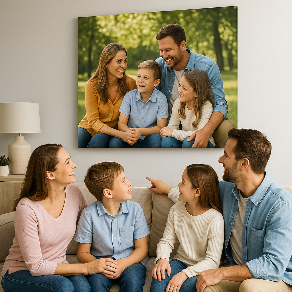 Rodina si v obývačke obzerá veľký obraz z fotky na plátno, ktorý visí na stene.