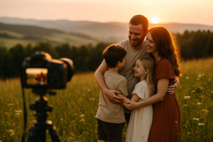 Rodinné fotenie pri západe slnka v oravských kopcoch s DSLR na statíve