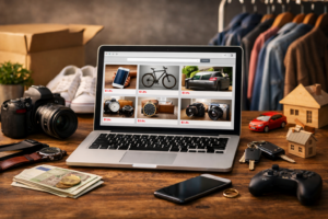 Rôzne predmety určené na predaj a nákup online, symbol moderného online bazára, kde sa stretáva ponuka a dopyt medzi ľuďmi.