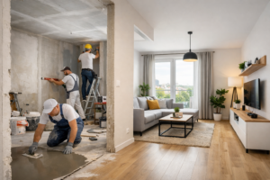 Rekonštrukcia moderného bytu v Bratislave – profesionálny tím pri práci, čistý interiér po rekonštrukcii, nové steny, podlahy a prirodzené denné svetlo