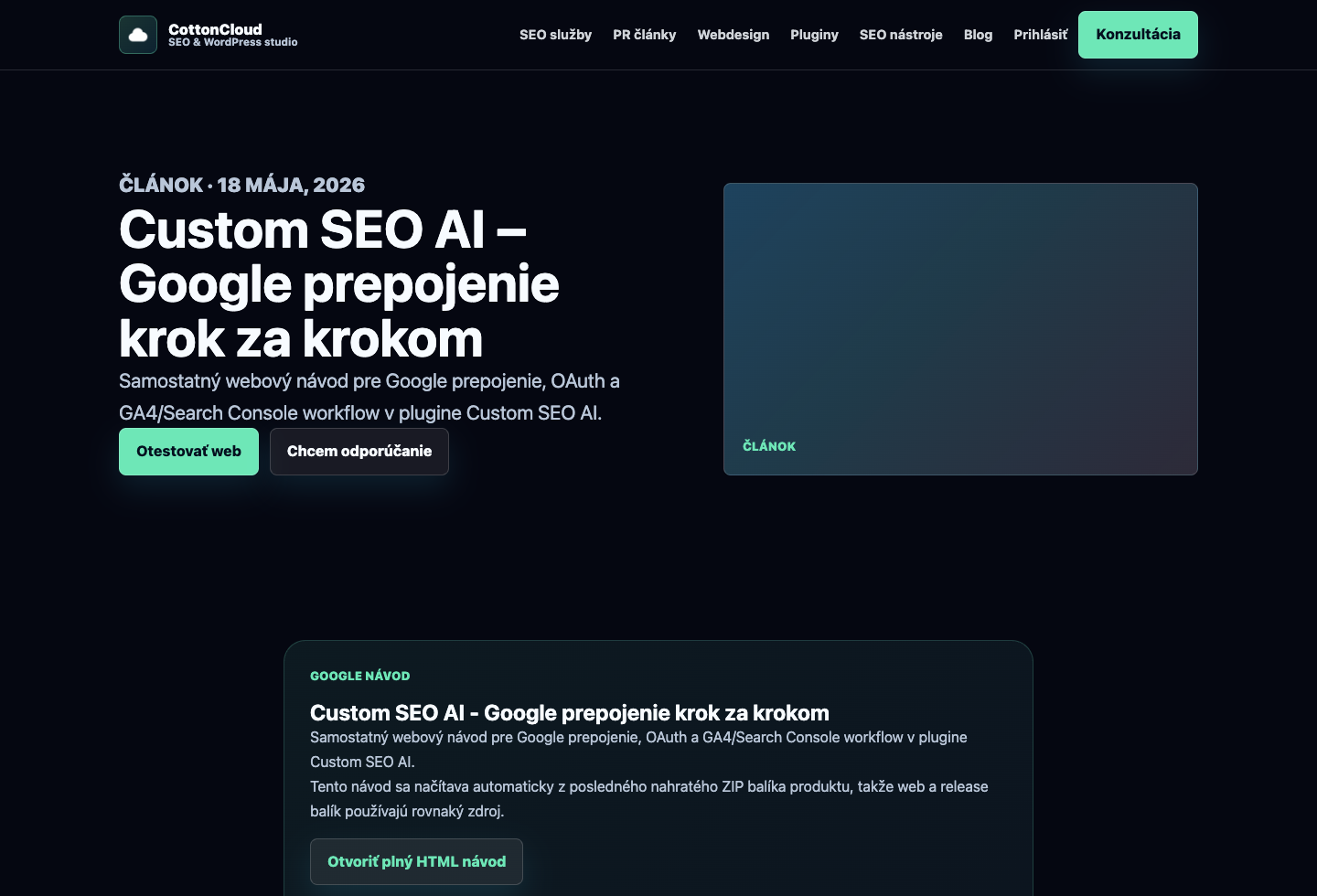 SEO report a Google dáta v rozhraní CottonCloud