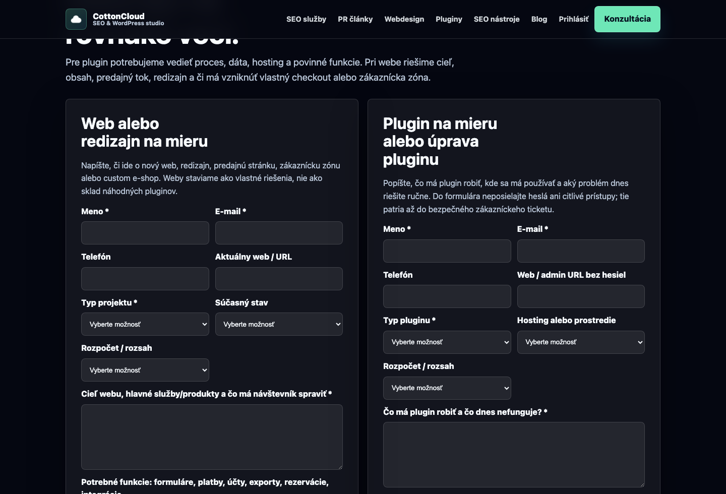 CottonCloud brief formulár pre nový web a redizajn na mieru