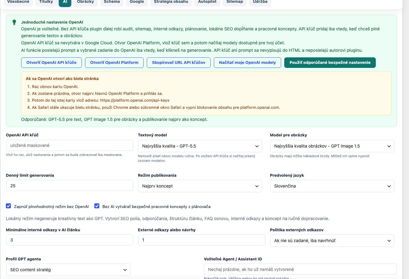 AI nastavenia Custom SEO AI s modelom, limitmi a publish režimom