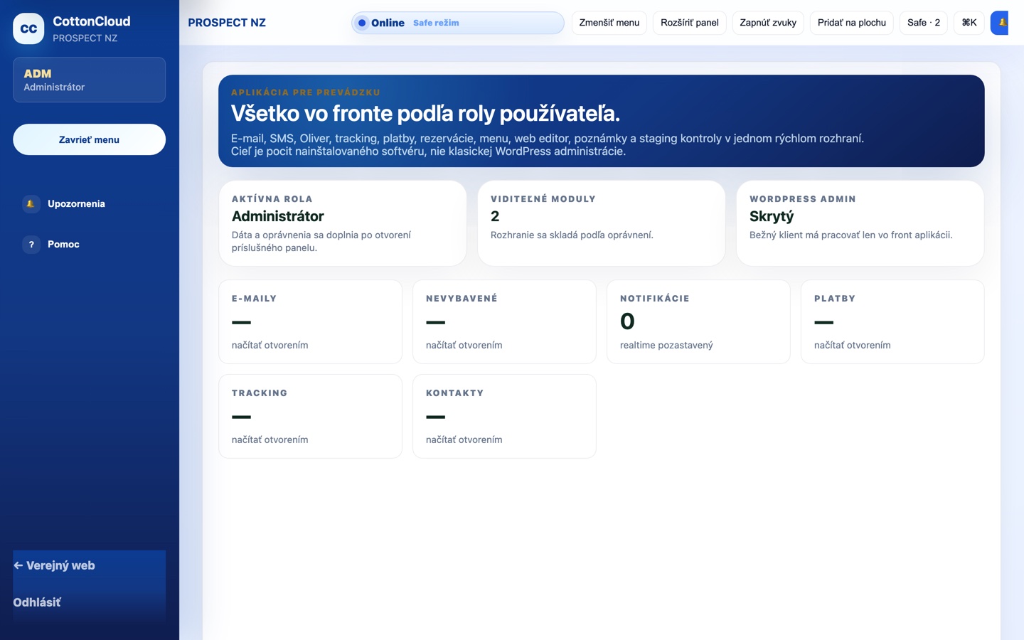 CottonCloud admin panel — front pracovisko pre majiteľa webu