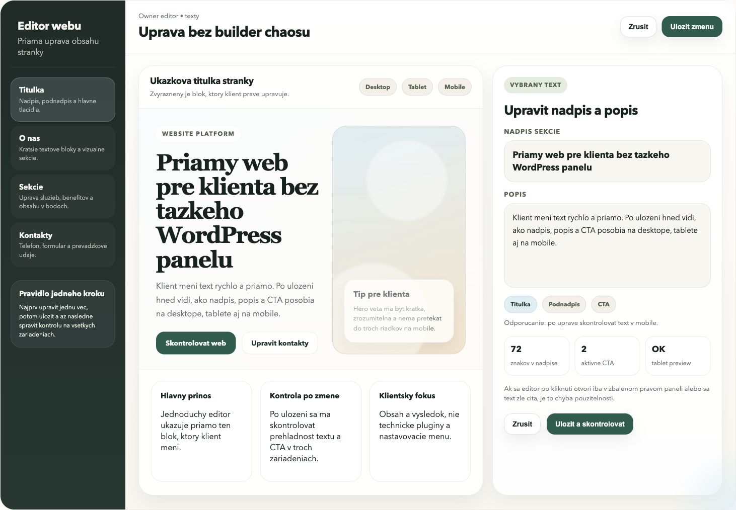 CottonCloud Website Platform web editor - uprava textu